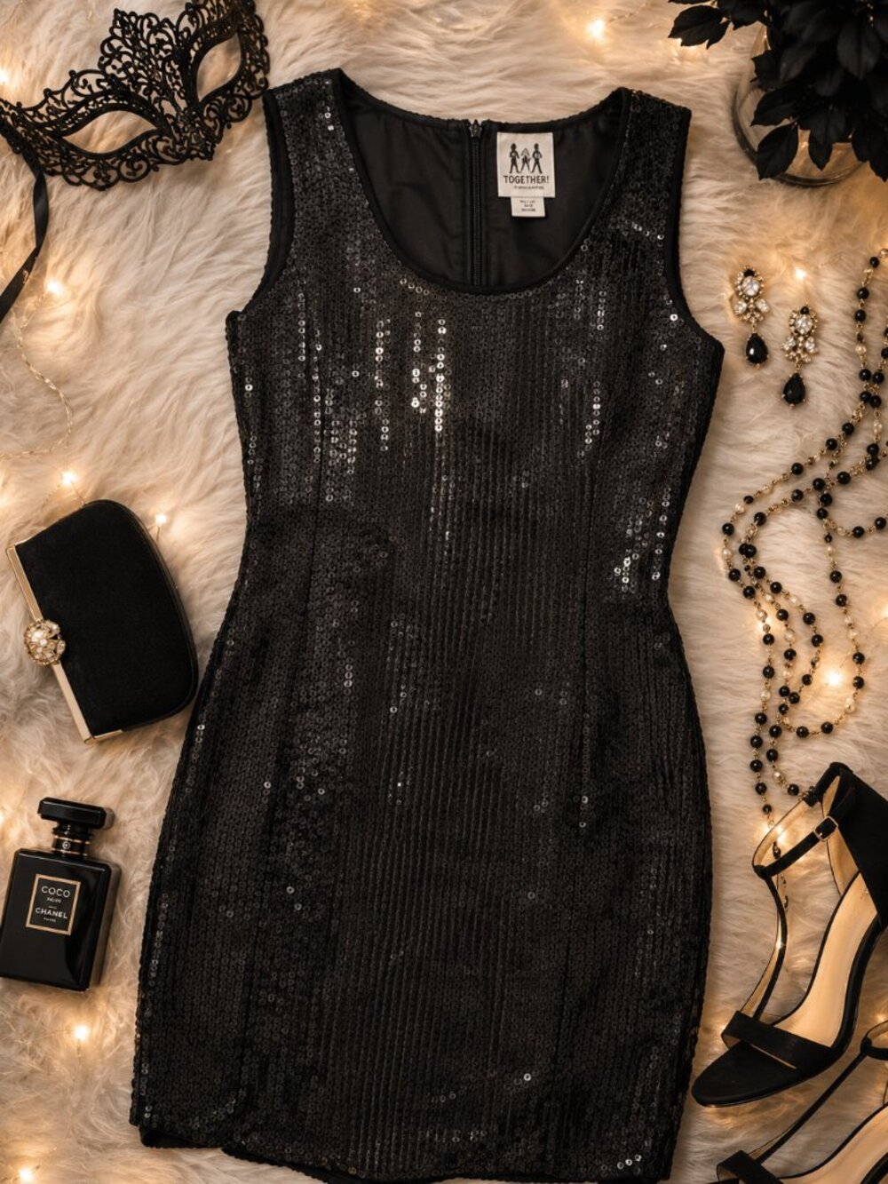 Together! Black Sequin Cocktail Dress Petite 10P Beaded Party Evening Dress